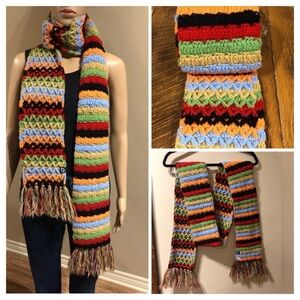 Boho Multi-Color Striped Crochet Knit Scarf with Fringe